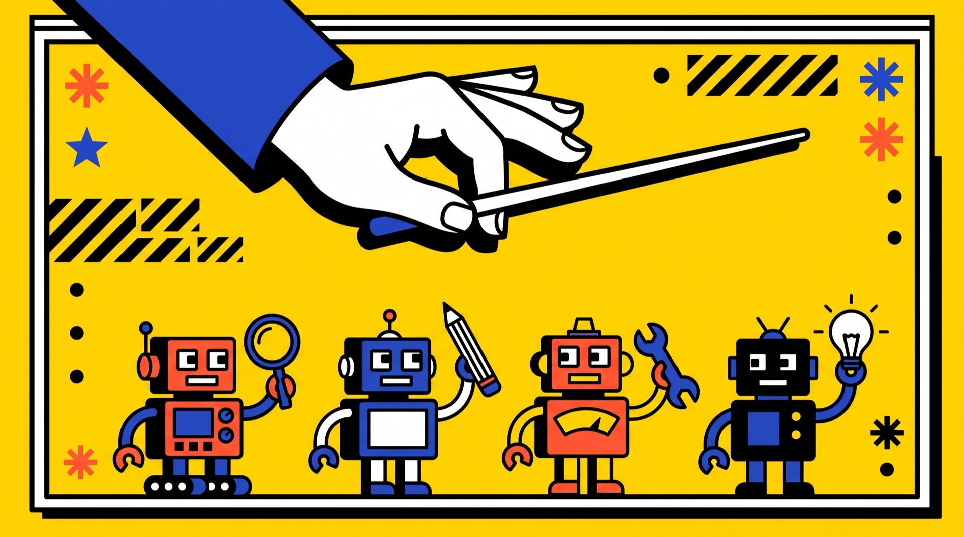 Illustration: a conductor directing four robot helpers