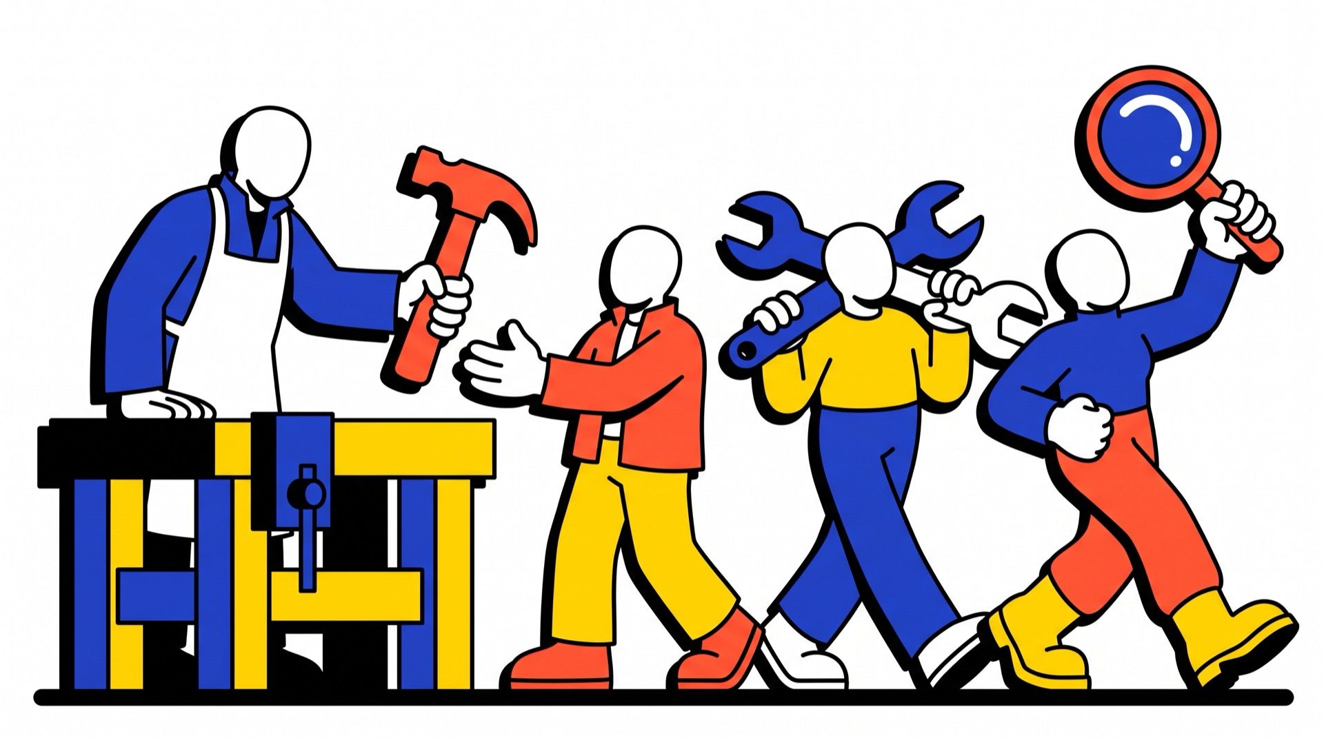 Illustration: a builder at a workbench handing tools to teammates