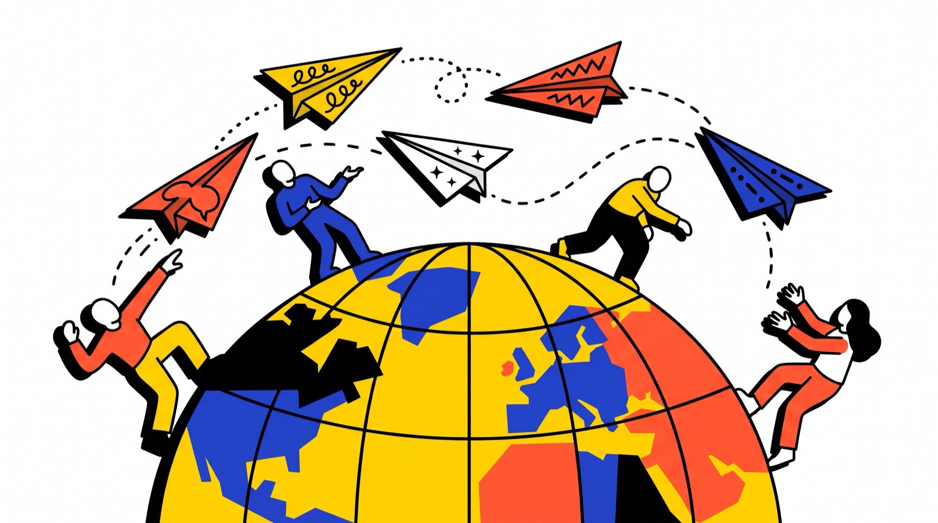 Illustration: people around a globe trading paper planes, each marked with a different script