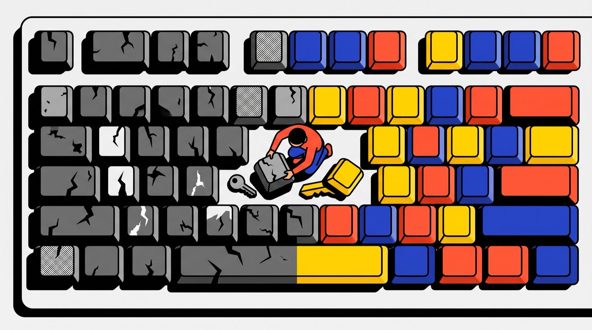 Illustration: a builder swapping cracked grey keyboard keys for bright new ones